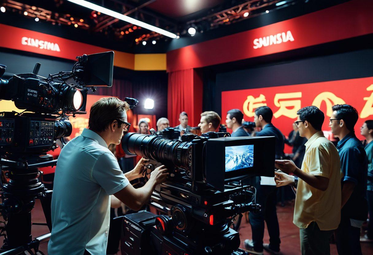 A dynamic film set with a bustling crew, capturing the essence of filmmaking. Include a director passionately giving instructions, camera operators working with high-tech equipment, and vibrant film festival banners in the background. Lively atmosphere with colorful lights highlighting the excitement of the cinema. super-realistic. vibrant colors. 3D.