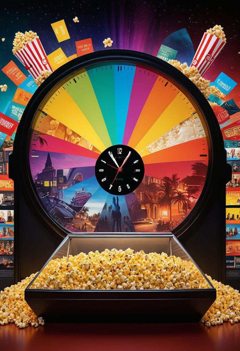 A dynamic collage featuring film review snippets, eye-catching movie trailers on screens, and a clock symbolizing being 'ahead of the curve'. Include vibrant film reels, popcorn, and a cinematic atmosphere with a spotlight effect. The background should reflect a bustling cinema environment infused with creativity and energy. vibrant colors. cinematic style.