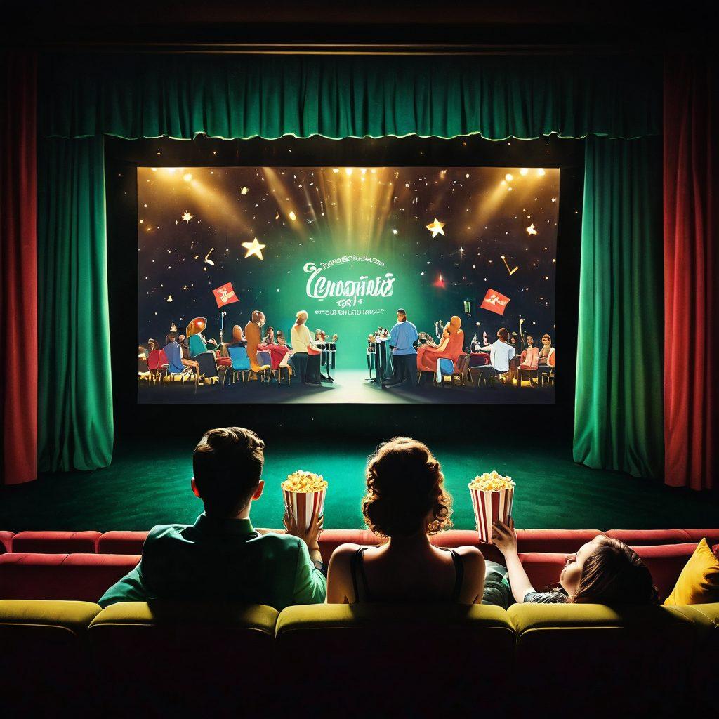 A captivating cinema scene with an emerald velvet curtain drawn back, revealing a golden-lit movie screen showcasing glimpses of iconic film moments. In the foreground, a diverse group of viewers, spellbound and immersed, clutch popcorn and drinks, embodying the joy of movie-watching. Floating above, whimsical film reels and stars represent the magic of storytelling in cinema. The ambiance is both glamorous and inviting, with a soft glow of theater lights. super-realistic. vibrant colors. cinematic atmosphere.
